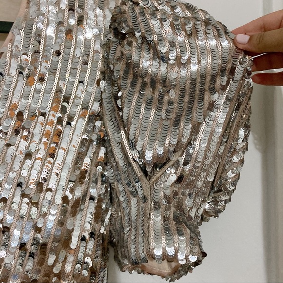 Rotate Birger Christensen Sierina Dress Silver Sequin Puff Sleeve Midi Size 6 - Picture 6 of 16